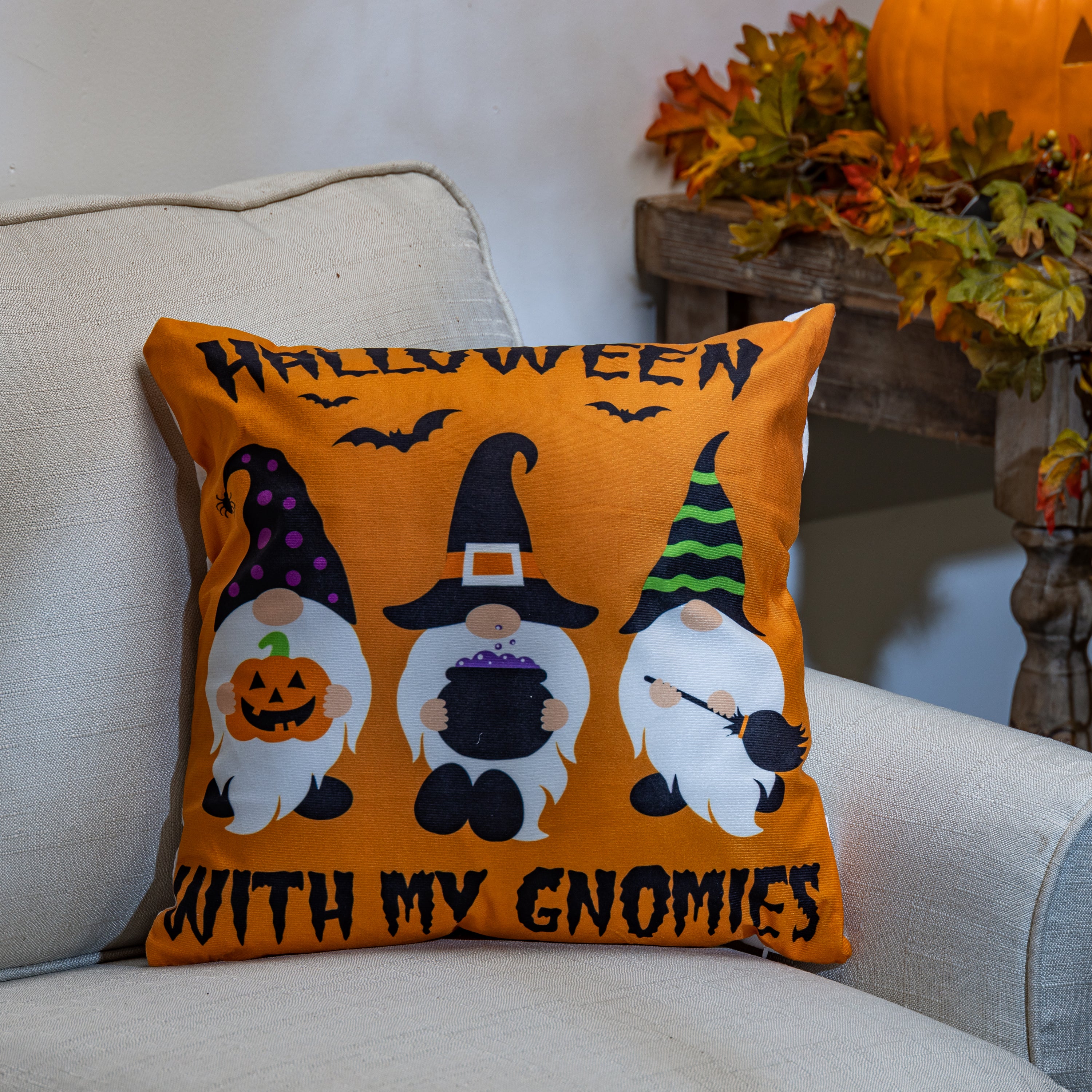 Set of 2 Orange Halloween Gnome Throw Pillow Decor